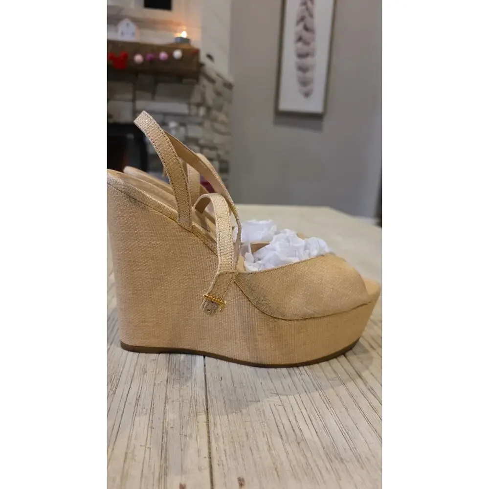 Schutz Neith Raffia Wedge Sandal Womens 10.5 Beige Ankle Strap Platform Peep Toe
